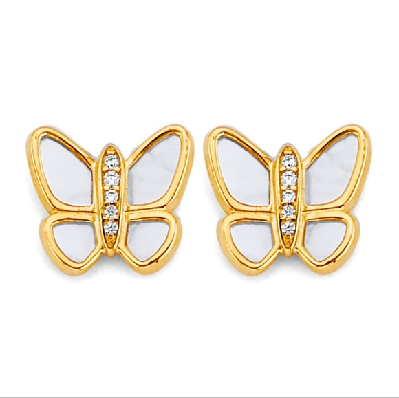 14KT Gold Mother of Pearl CZ Butterfly Earrings